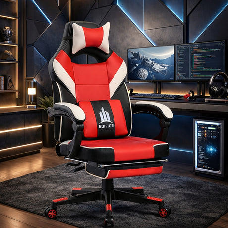 Silla Gamer Edifice Rojo y Negro 66x124cm Ergonómica con Apoya Brazos con Espaldar Reclinable y con Apoya Cabezas - SILLAS DE OFICINA | Bylmo