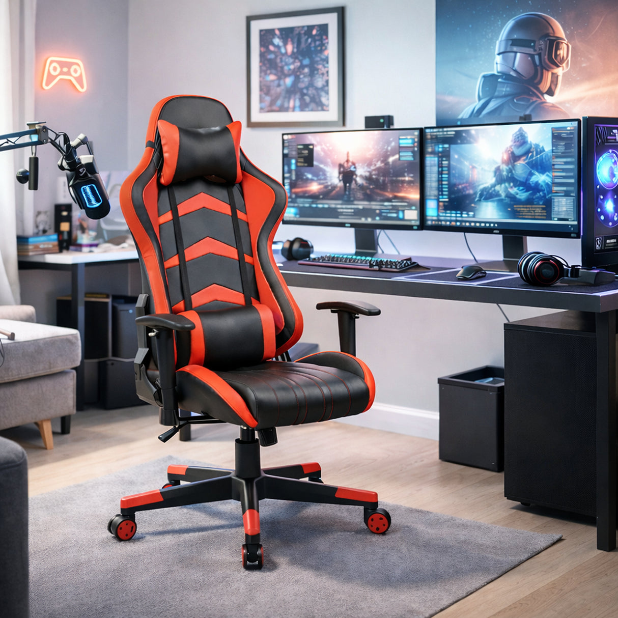 Silla Gamer Red Strike Rojo y Negro 68x137cm Ergonómica con Apoya Brazos con Espaldar Reclinable y con Apoya Cabezas - SILLAS DE OFICINA | Bylmo