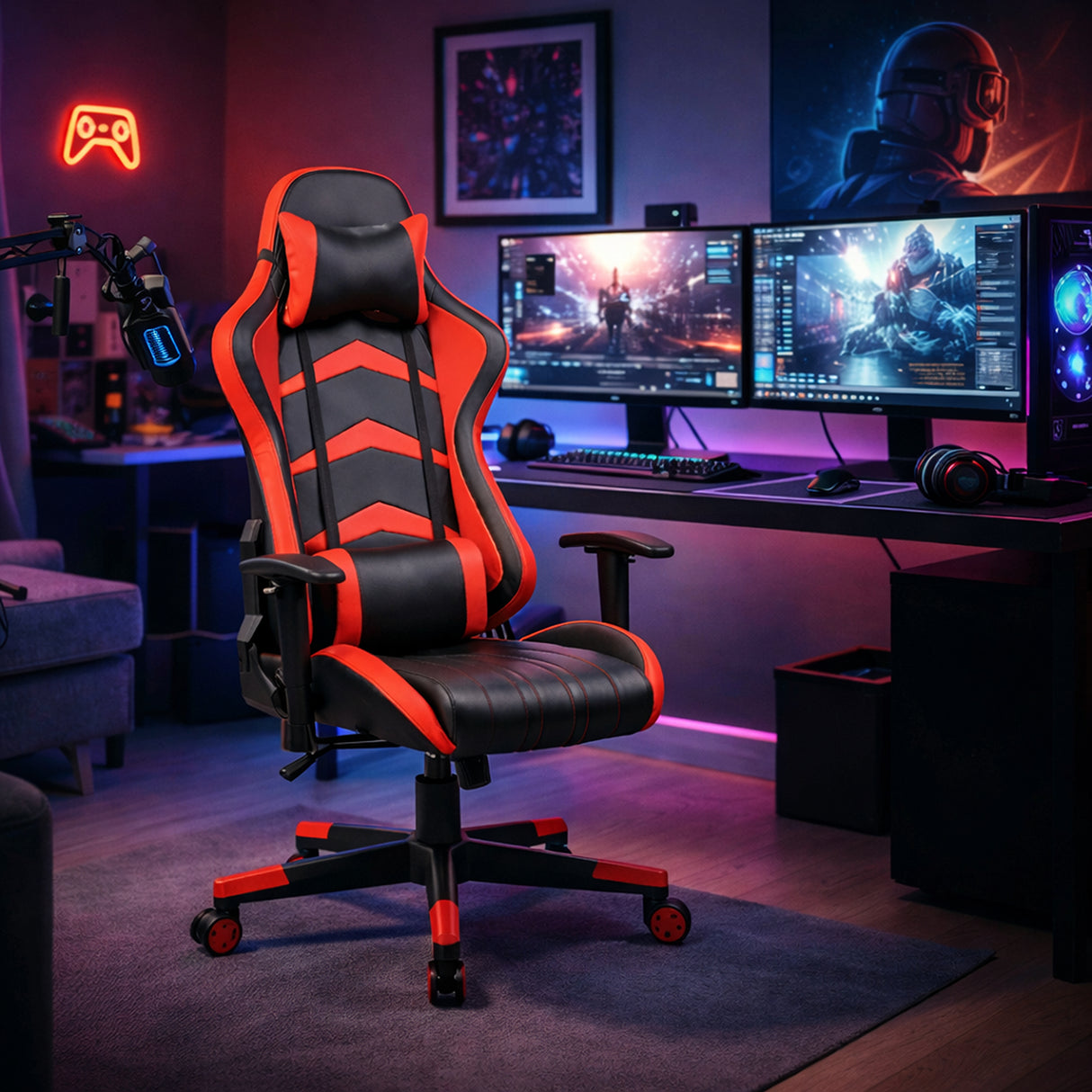 Silla Gamer Red Strike Rojo y Negro 68x137cm Ergonómica con Apoya Brazos con Espaldar Reclinable y con Apoya Cabezas - SILLAS DE OFICINA | Bylmo