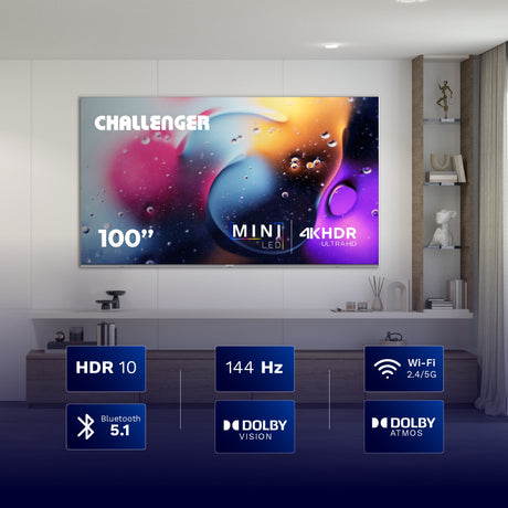 Televisor Challenger Google TV Negro 223.2x127.4cm Smart MiniLED de 100" Pulgadas 4K con Wifi y Bluetooth Integrado - TELEVISORES | Bylmo