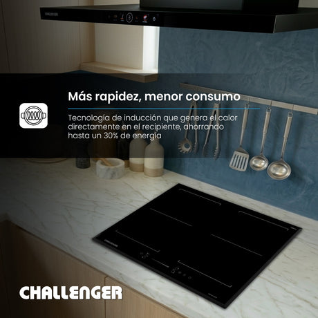 Estufa de Inducción para Empotrar Challenger Negro 59x52cm 220 Voltios con Cuatro Zonas de Cocción y Sistema Puente - ESTUFAS DE EMPORTRAR Y CUBIERTAS | Bylmo