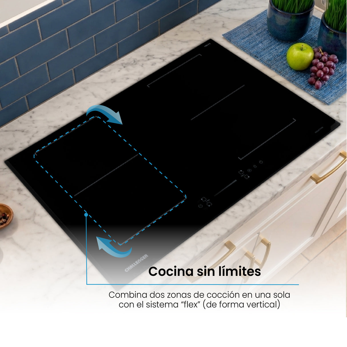 Estufa de Inducción para Empotrar Challenger Negro 77x52cm 220 Voltios con Cuatro Zonas de Cocción y Sistema Puente - ESTUFAS DE EMPORTRAR Y CUBIERTAS | Bylmo