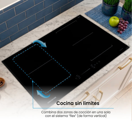 Estufa de Inducción para Empotrar Challenger Negro 77x52cm 220 Voltios con Cuatro Zonas de Cocción y Sistema Puente - ESTUFAS DE EMPORTRAR Y CUBIERTAS | Bylmo
