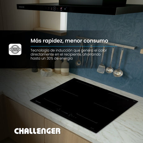 Estufa de Inducción para Empotrar Challenger Negro 77x52cm 220 Voltios con Cuatro Zonas de Cocción y Sistema Puente - ESTUFAS DE EMPORTRAR Y CUBIERTAS | Bylmo