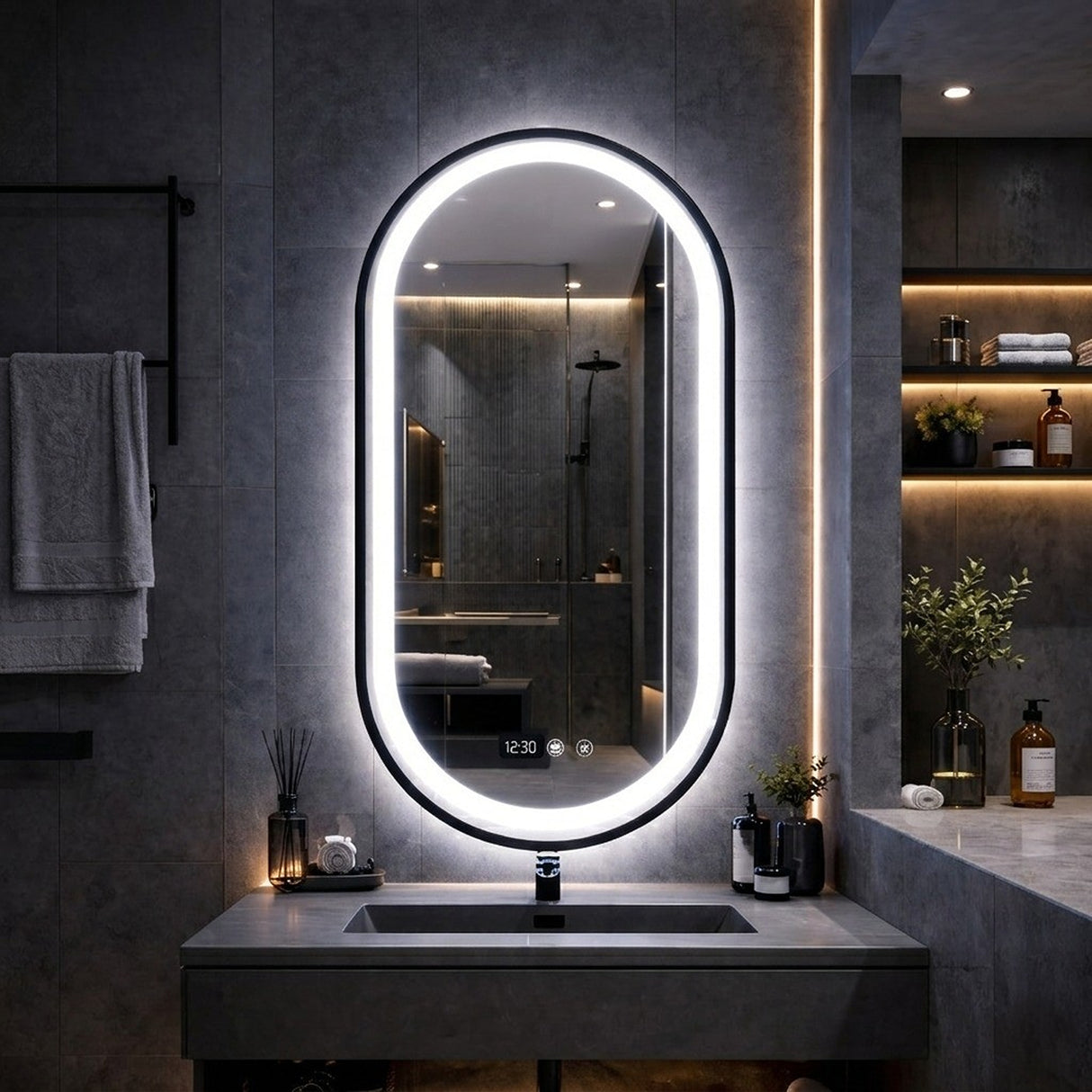 Espejo de Baño Led 55x100cm Ovalado Antiempaño con Marco Metalico Negro Con Biselado y con SandBlasting - ESPEJOS DE BANHO | Bylmo