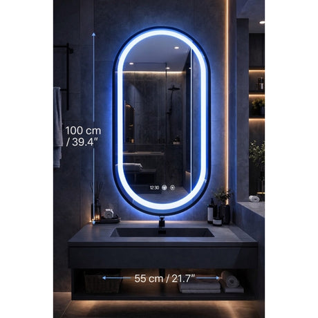 Espejo de Baño Led 55x100cm Ovalado Antiempaño con Marco Metalico Negro Con Biselado y con SandBlasting - ESPEJOS DE BANHO | Bylmo
