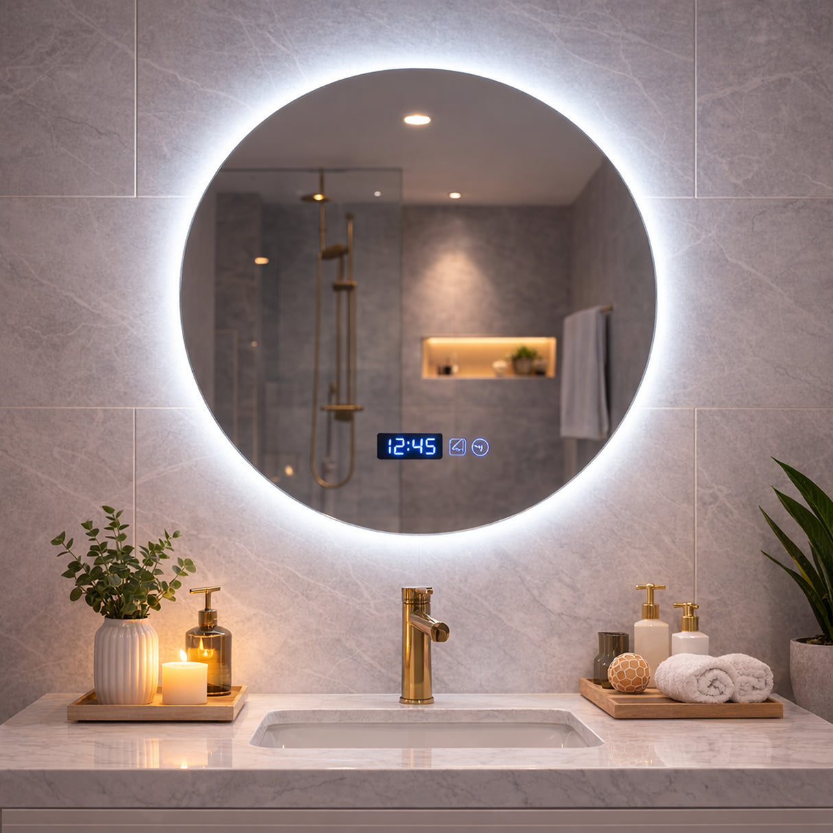 Espejo de Baño Led 70x70cm Redondo sin Marco Con Biselado y con SandBlasting - ESPEJOS DE BANHO | Bylmo
