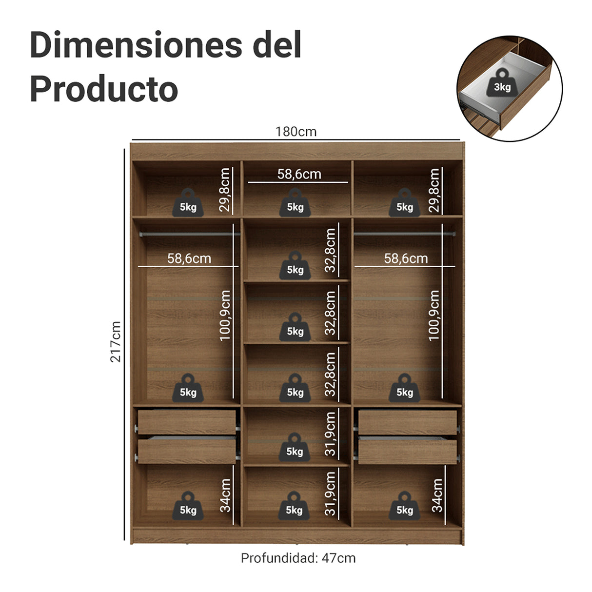 Closet Venus Marrón y Negro 180x217cm con Seis Puertas de Tiradores Marrón con Doce Compartimientos y con Espejo - CLOSETS | Bylmo