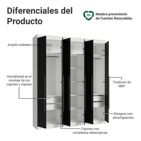 Closet Venus Blanco y Negro 180x217cm con Seis Puertas y con Doce Compartimientos - CLOSETS | Bylmo