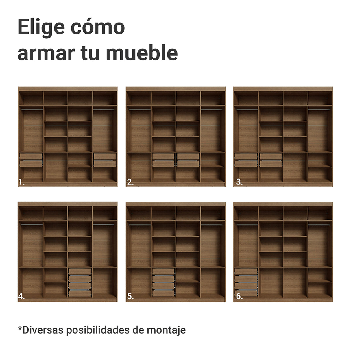 Closet Venus Marrón y Negro 216x217cm con Ocho Puertas de Tiradores Marrón con Diecisiete Compartimientos y con Espejo - CLOSETS | Bylmo