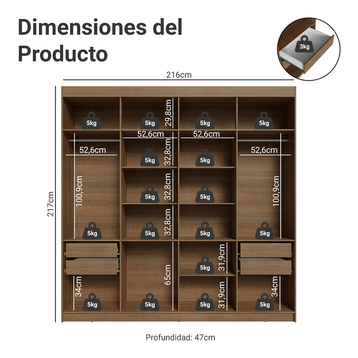 Closet Venus Marrón y Negro 216x217cm con Ocho Puertas y con Diecisiete Compartimientos - CLOSETS | Bylmo