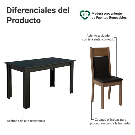 Juego de comedor Havana Negro y Marrón 136x76cm Rectangular de Cuatro Puestos con Cuatro Sillas - COMEDORES | Bylmo