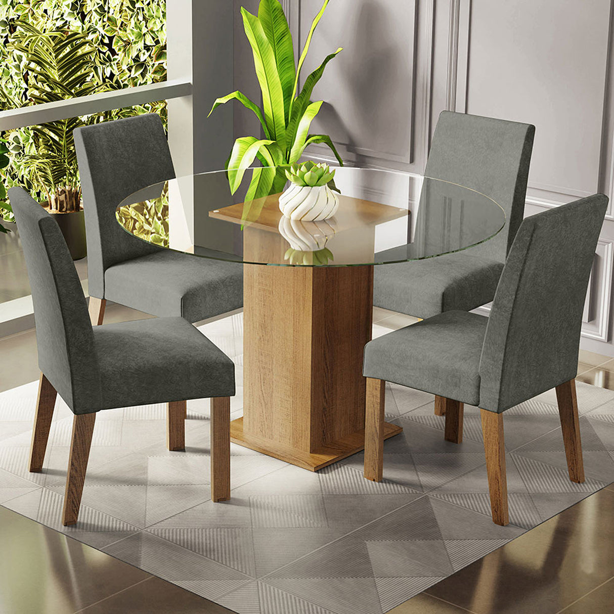Juego de comedor Mile Marrón y Plata 110x76cm Circular de Cuatro Puestos con Cuatro Sillas - COMEDORES | Bylmo