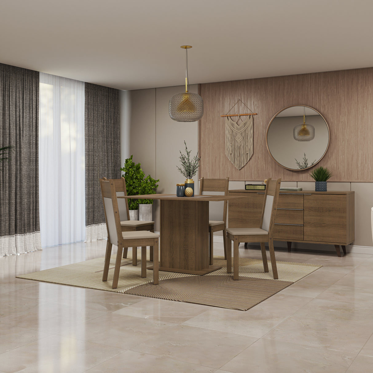 Juego de comedor Sheil Marrón y Crema 104x78cm Rectangular de Cuatro Puestos con Cuatro Sillas - COMEDORES | Bylmo
