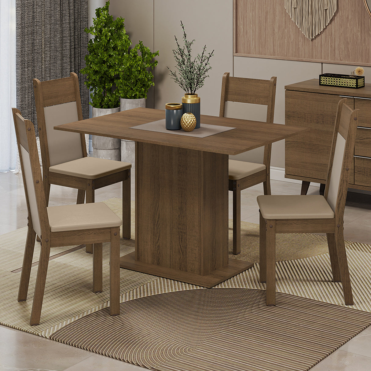 Juego de comedor Sheil Marrón y Crema 104x78cm Rectangular de Cuatro Puestos con Cuatro Sillas - COMEDORES | Bylmo