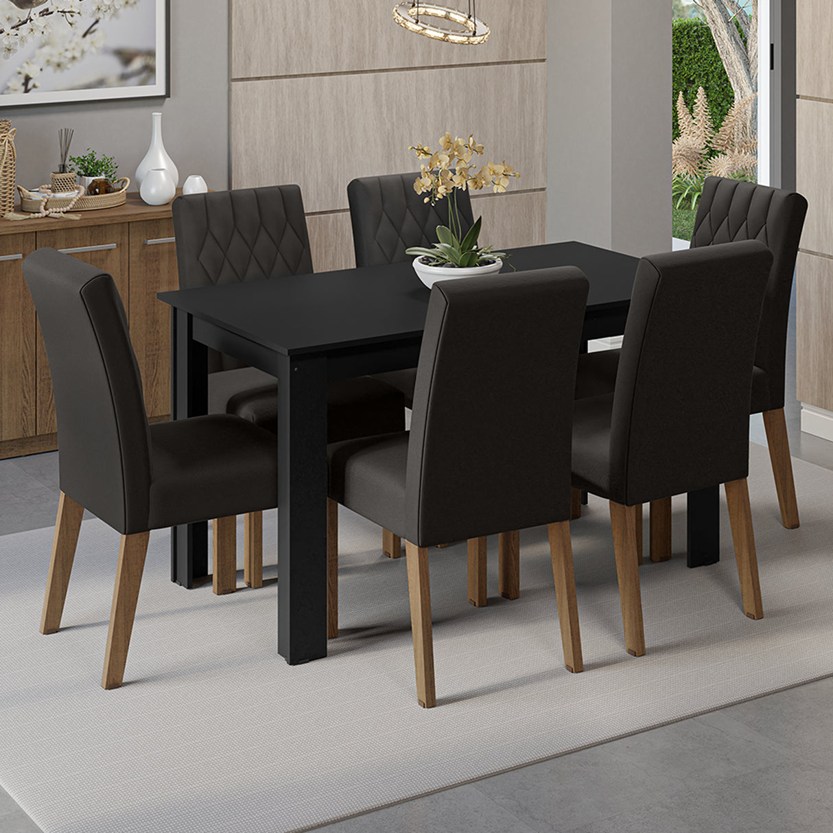 Juego de comedor Allegro Negro 136x76cm Rectangular de Seis Puestos con Seis Sillas - COMEDORES | Bylmo