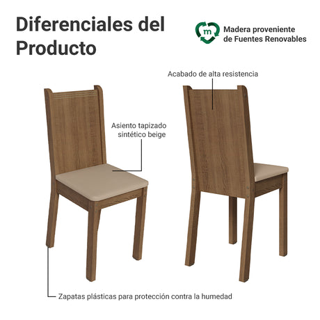 Juego de comedor Maya Marrón y Beige 80x77cm Cuadrado de Cuatro Puestos con Cuatro Sillas - COMEDORES | Bylmo