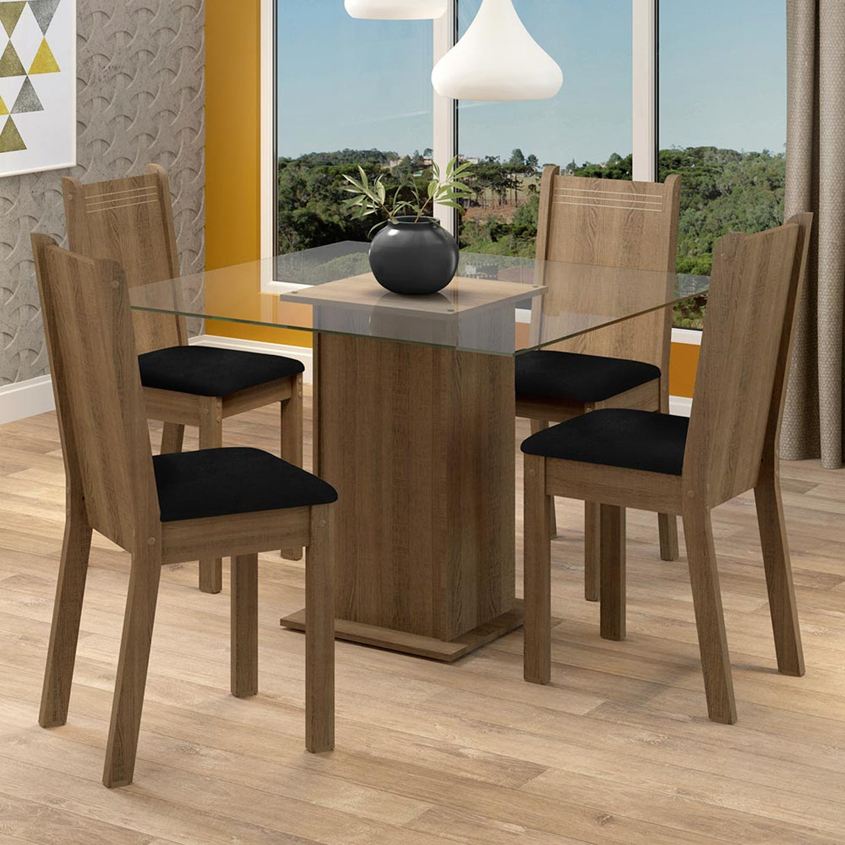 Juego de comedor Maya Marrón y Negro 80x77cm Cuadrado de Cuatro Puestos con Cuatro Sillas - COMEDORES | Bylmo