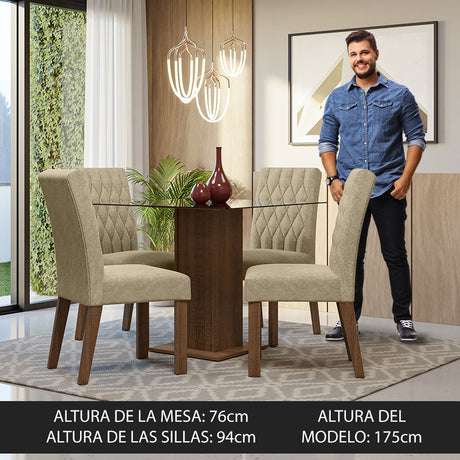Juego de comedor Noemi Marrón y Beige 80x76cm Cuadrado de Cuatro Puestos con Cuatro Sillas - COMEDORES | Bylmo