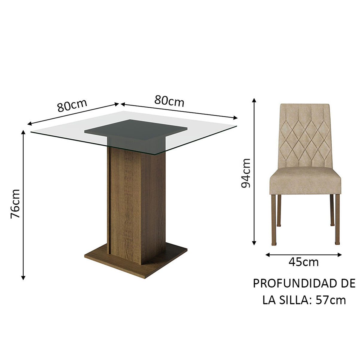 Juego de comedor Noemi Marrón y Beige 80x76cm Cuadrado de Cuatro Puestos con Cuatro Sillas - COMEDORES | Bylmo