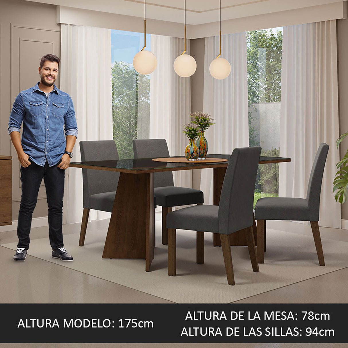 Juego de comedor Taylor Negro y Marrón 180x78cm Rectangular de Cuatro Puestos con Cuatro Sillas - COMEDORES | Bylmo