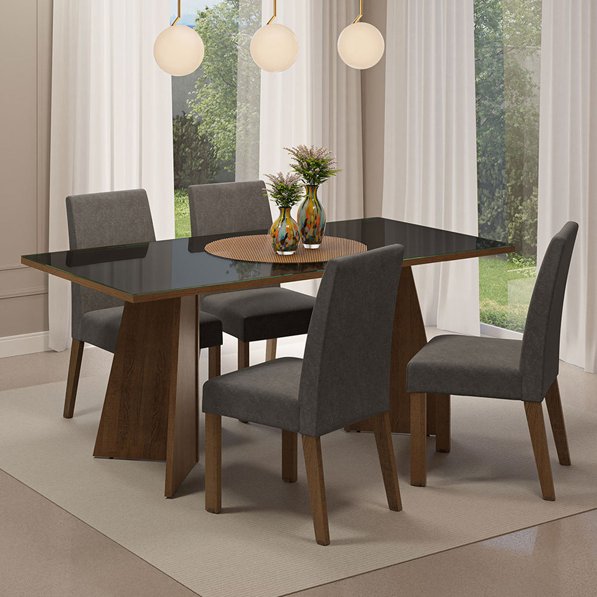 Juego de comedor Taylor Negro y Marrón 180x78cm Rectangular de Cuatro Puestos con Cuatro Sillas - COMEDORES | Bylmo