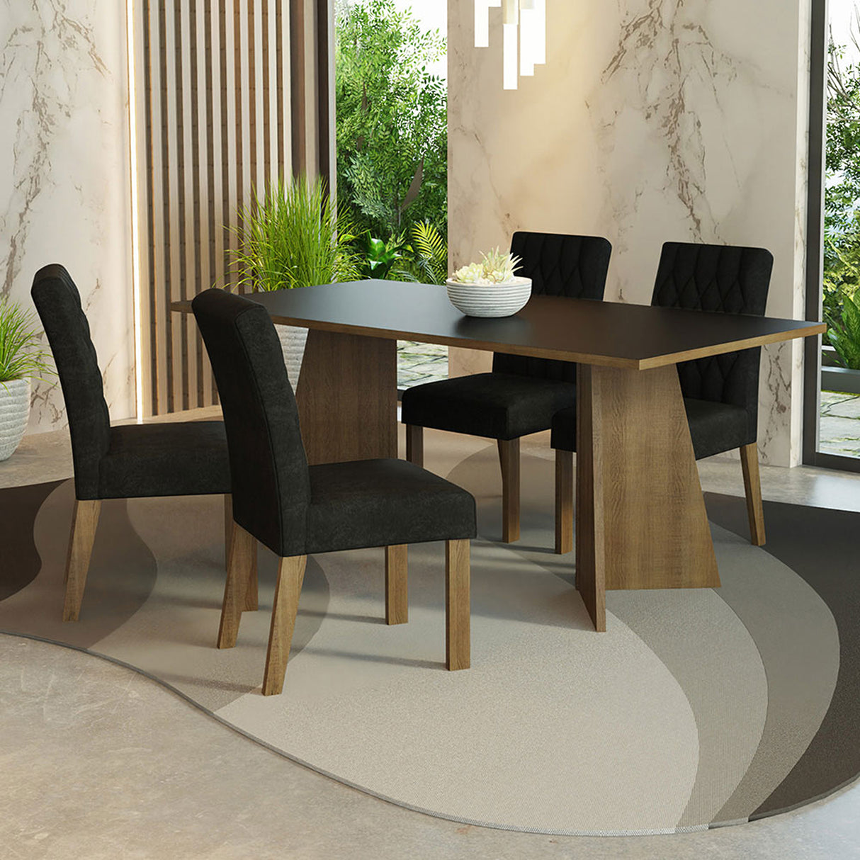 Juego de comedor Ruby Negro Oxford y Marrón 180x78cm Rectangular de Cuatro Puestos con Cuatro Sillas - COMEDORES | Bylmo