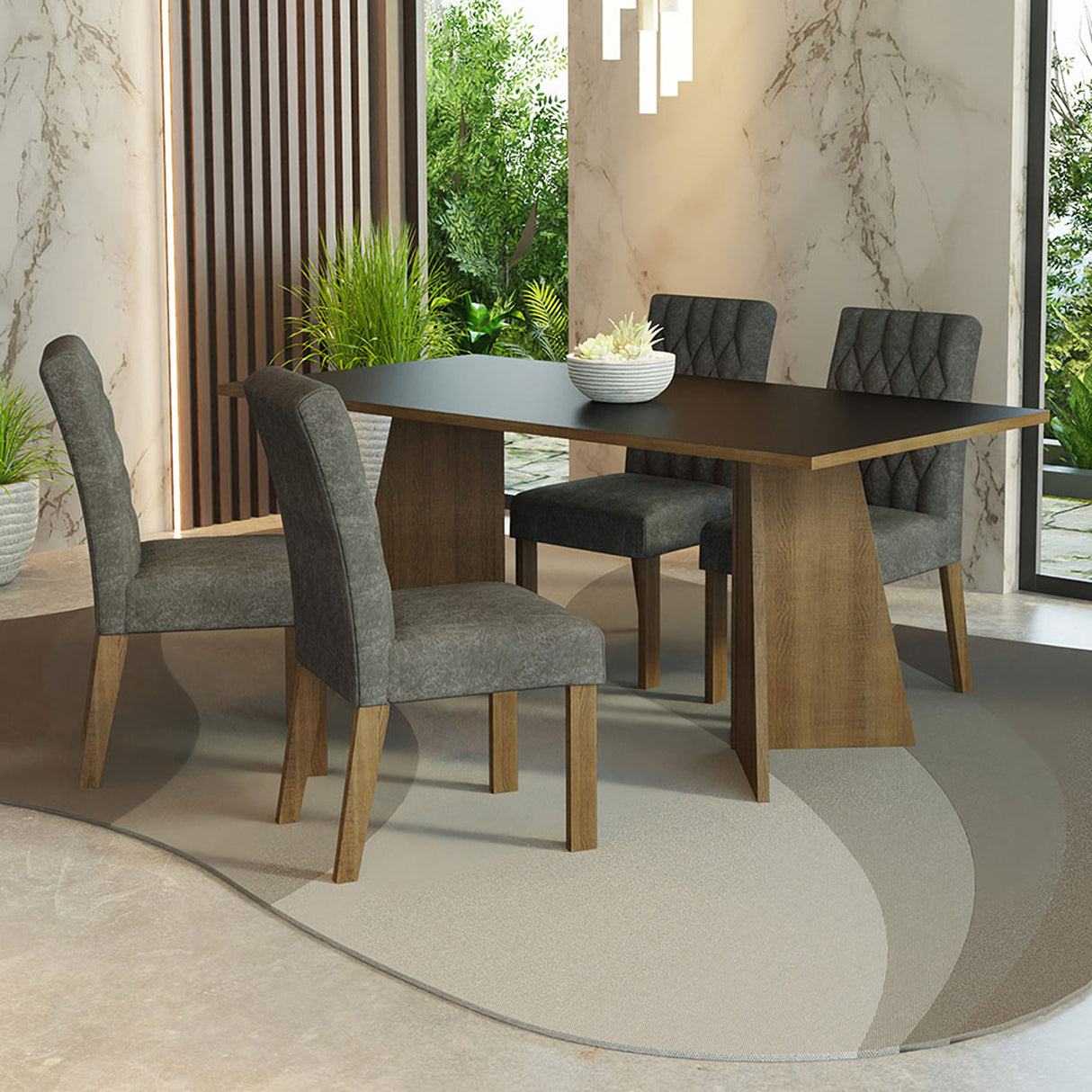 Juego de comedor Ruby Negro y Marrón 180x78cm Rectangular de Cuatro Puestos con Cuatro Sillas - COMEDORES | Bylmo