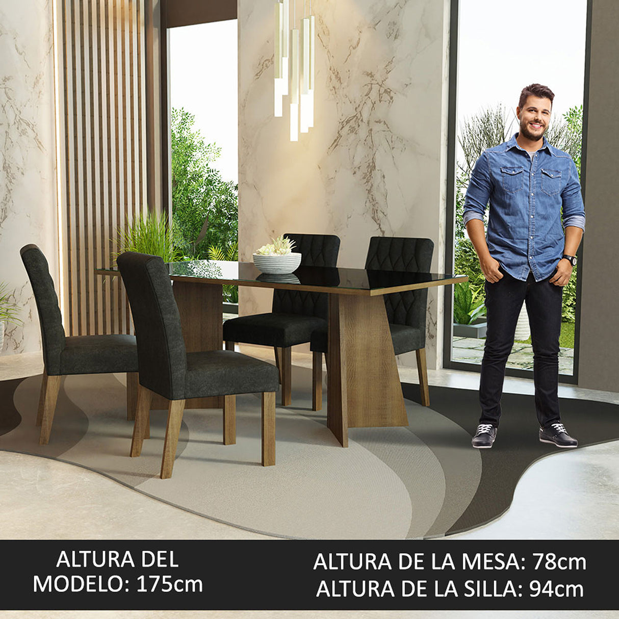 Juego de comedor Harper Negro Oxford y Marrón 180x78cm Rectangular de Cuatro Puestos con Cuatro Sillas - COMEDORES | Bylmo