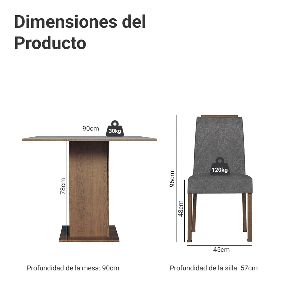 Juego de comedor Aspen Marrón y Gris 90x78cm Cuadrado de Cuatro Puestos con Cuatro Sillas - COMEDORES | Bylmo
