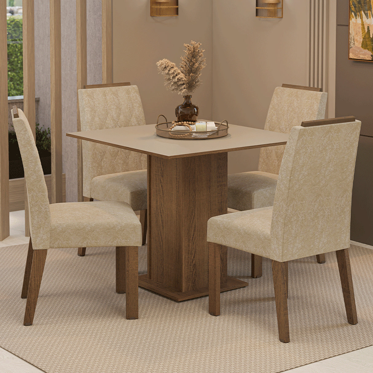 Juego de comedor Cannes Marrón y Crema 90x78cm Cuadrado de Cuatro Puestos con Cuatro Sillas - COMEDORES | Bylmo