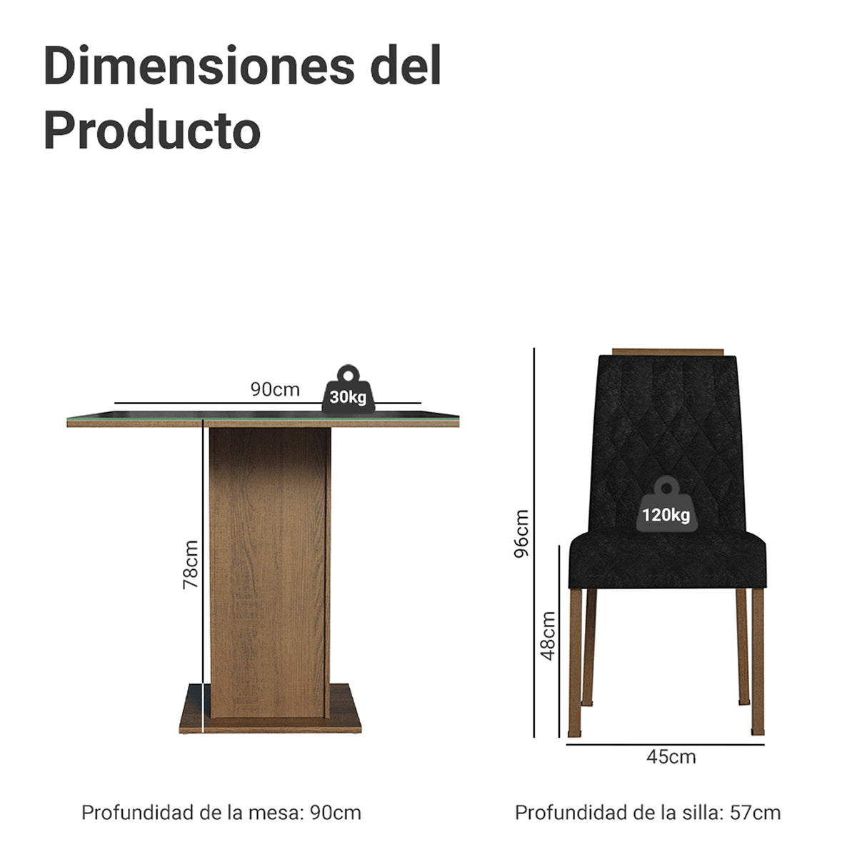 Juego de comedor Capri Marrón y Negro 90x78cm Cuadrado de Cuatro Puestos con Cuatro Sillas - COMEDORES | Bylmo
