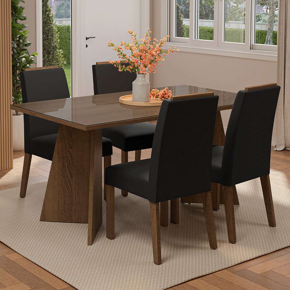 Juego de comedor Braga Marron Oxford y Negro 160x78cm Rectangular de Cuatro Puestos con Cuatro Sillas - COMEDORES | Bylmo
