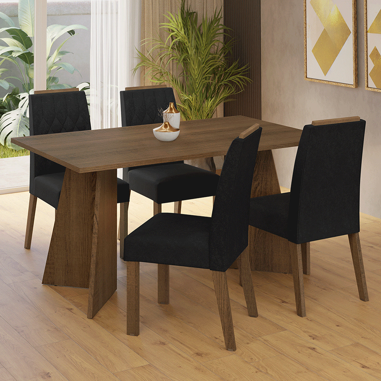 Juego de comedor Tulum Marron Oxford y Negro 160x78cm Rectangular de Cuatro Puestos con Cuatro Sillas - COMEDORES | Bylmo