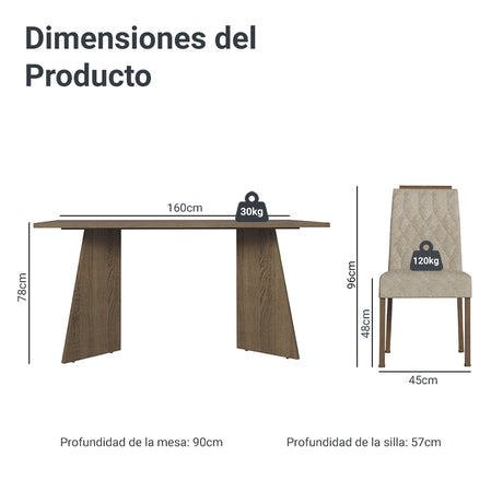 Juego de comedor Tulum Marrón y Beige 160x78cm Rectangular de Cuatro Puestos con Cuatro Sillas - COMEDORES | Bylmo