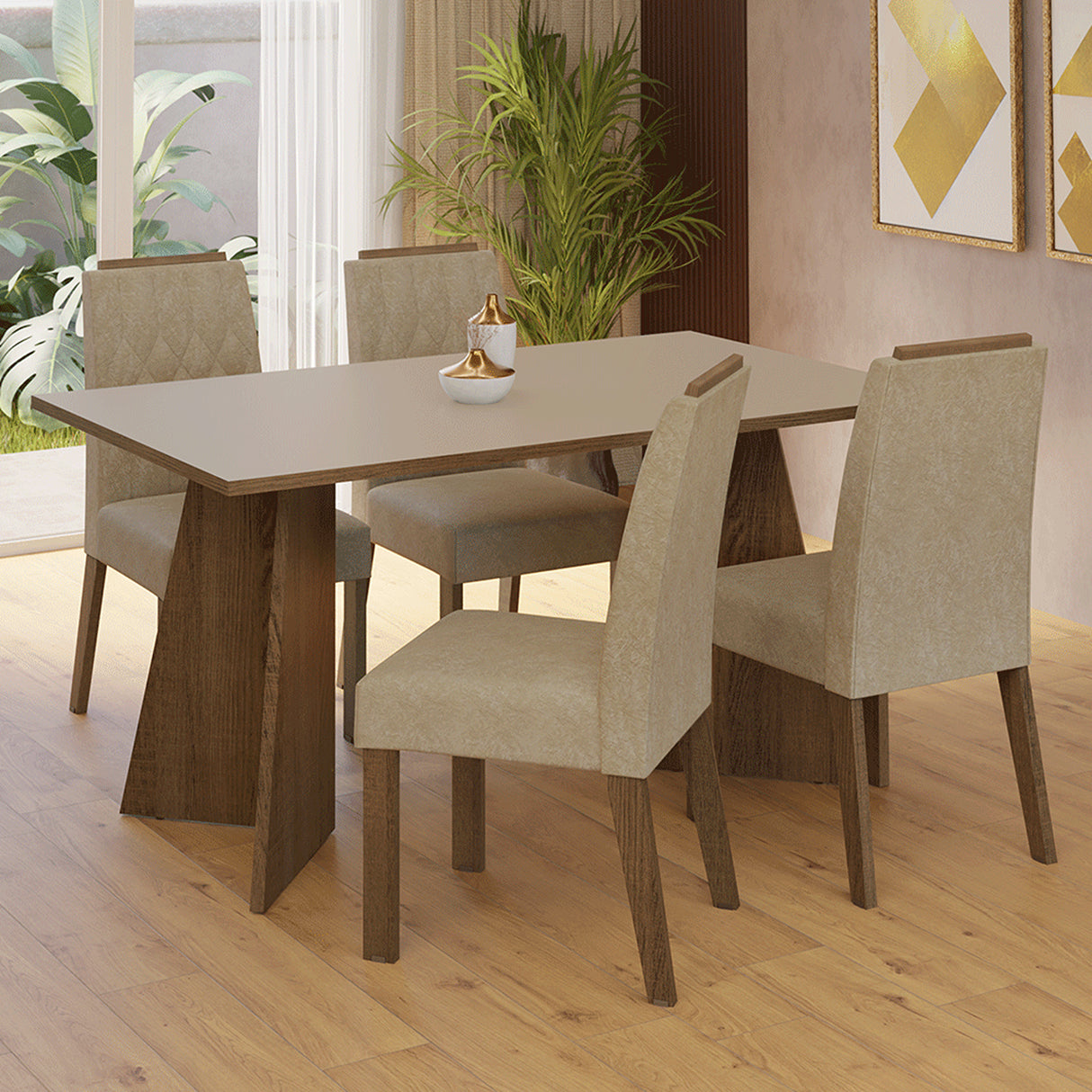 Juego de comedor Tulum Marrón y Crema 160x78cm Rectangular de Cuatro Puestos con Cuatro Sillas - COMEDORES | Bylmo