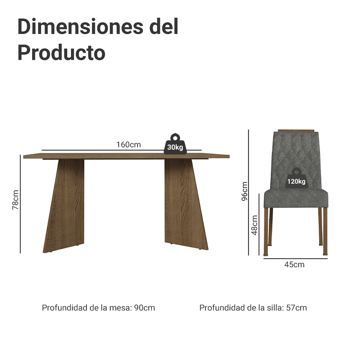 Juego de comedor Tulum Marrón y Gris 160x78cm Rectangular de Cuatro Puestos con Cuatro Sillas - COMEDORES | Bylmo