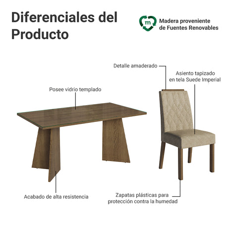 Juego de comedor Porto Marrón y Beige 160x78cm Rectangular de Cuatro Puestos con Cuatro Sillas - COMEDORES | Bylmo