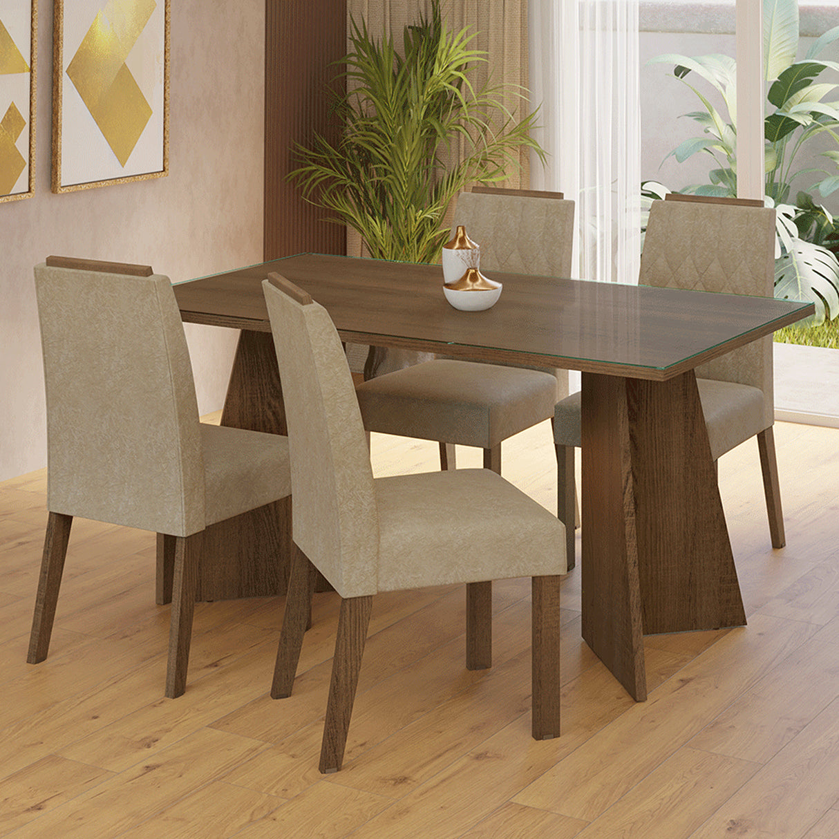 Juego de comedor Porto Marrón y Beige 160x78cm Rectangular de Cuatro Puestos con Cuatro Sillas - COMEDORES | Bylmo