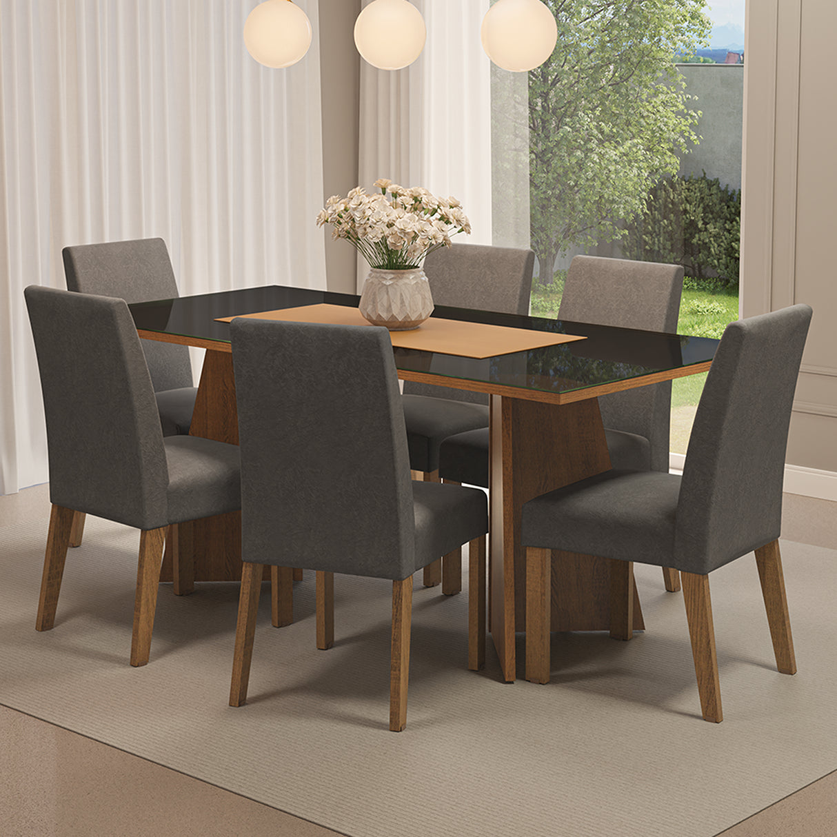 Juego de comedor Valerie Negro y Marrón 180x78cm Rectangular de Seis Puestos con Seis Sillas - COMEDORES | Bylmo