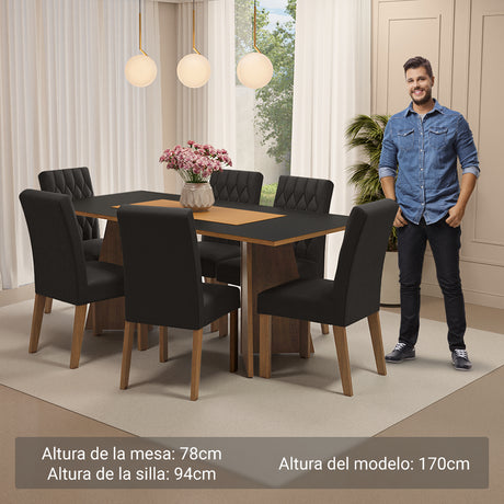 Juego de comedor Madison Marrón y Negro 180x78cm Rectangular de Seis Puestos con Seis Sillas - COMEDORES | Bylmo