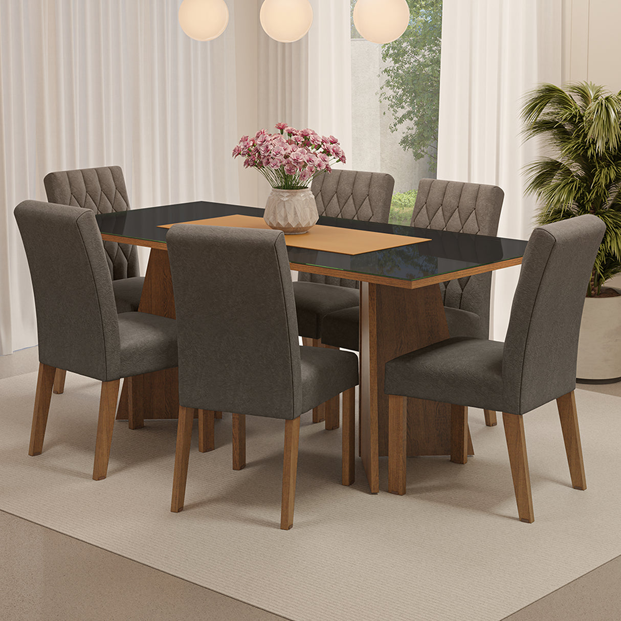 Juego de comedor Marissa Negro y Marrón 180x78cm Rectangular de Seis Puestos con Seis Sillas - COMEDORES | Bylmo