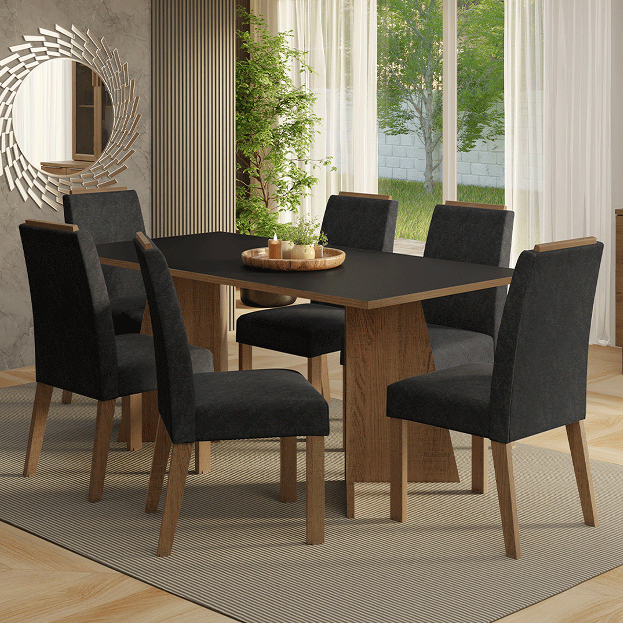 Juego de comedor Minsk Marron Oxford y Negro 180x78cm Rectangular de Seis Puestos con Seis Sillas - COMEDORES | Bylmo