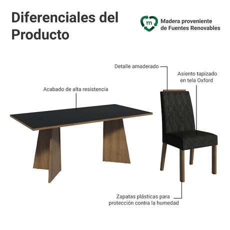 Juego de comedor York Marrón y Negro Oxford 180x78cm Rectangular de Seis Puestos con Seis Sillas - COMEDORES | Bylmo