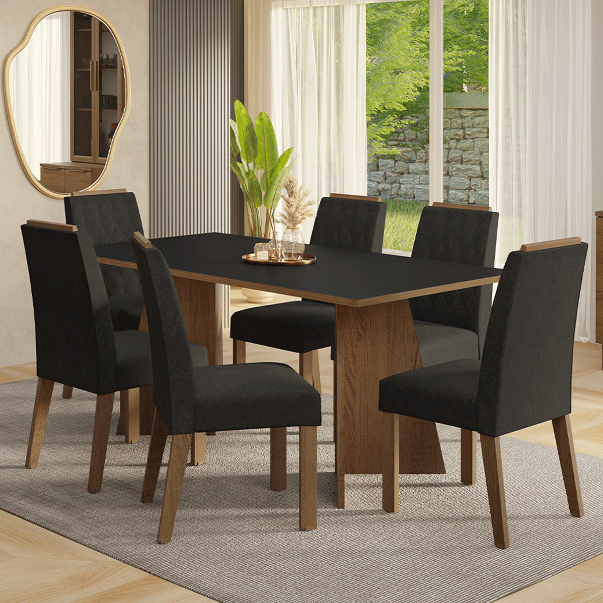 Juego de comedor York Marrón y Negro Oxford 180x78cm Rectangular de Seis Puestos con Seis Sillas - COMEDORES | Bylmo