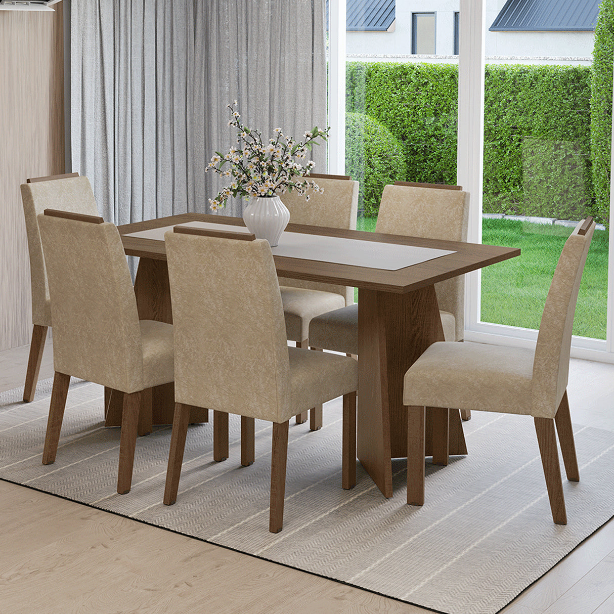 Juego de comedor Soho Marrón y Beige 160x78cm Rectangular de Seis Puestos con Seis Sillas - COMEDORES | Bylmo