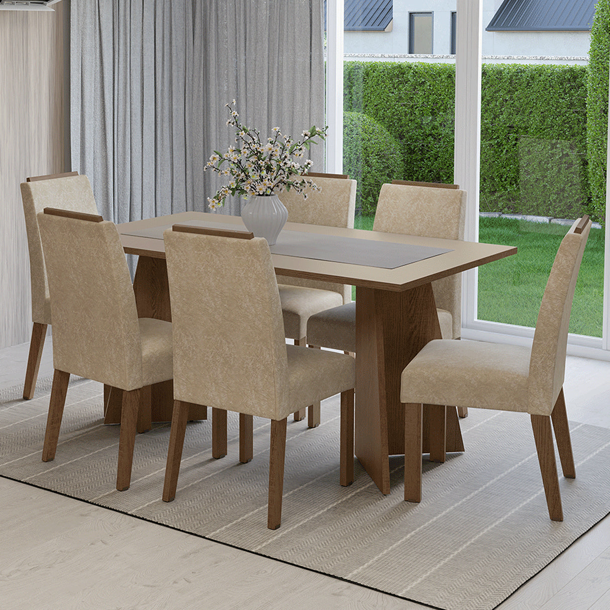 Juego de comedor Soho Marrón y Crema 160x78cm Rectangular de Seis Puestos con Seis Sillas - COMEDORES | Bylmo