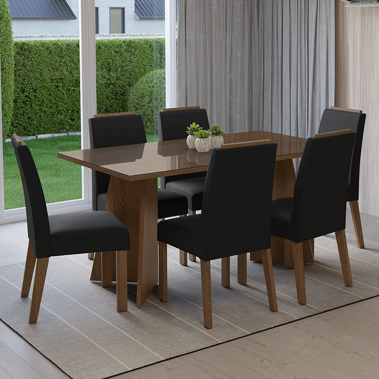 Juego de comedor Madrid Marron Oxford y Negro 160x78cm Rectangular de Seis Puestos con Seis Sillas - COMEDORES | Bylmo