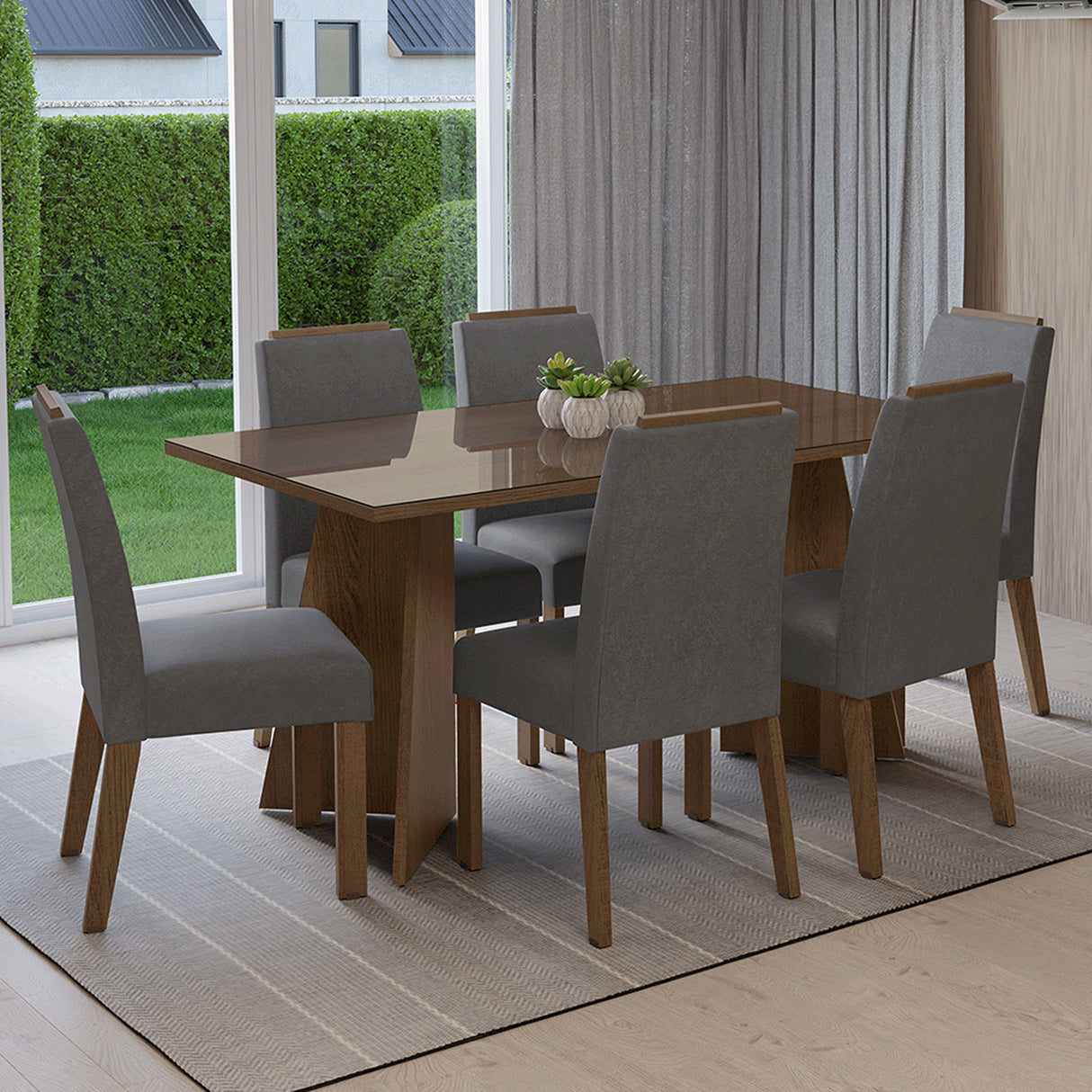Juego de comedor Madrid Marrón y Plateado 160x78cm Rectangular de Seis Puestos con Seis Sillas - COMEDORES | Bylmo