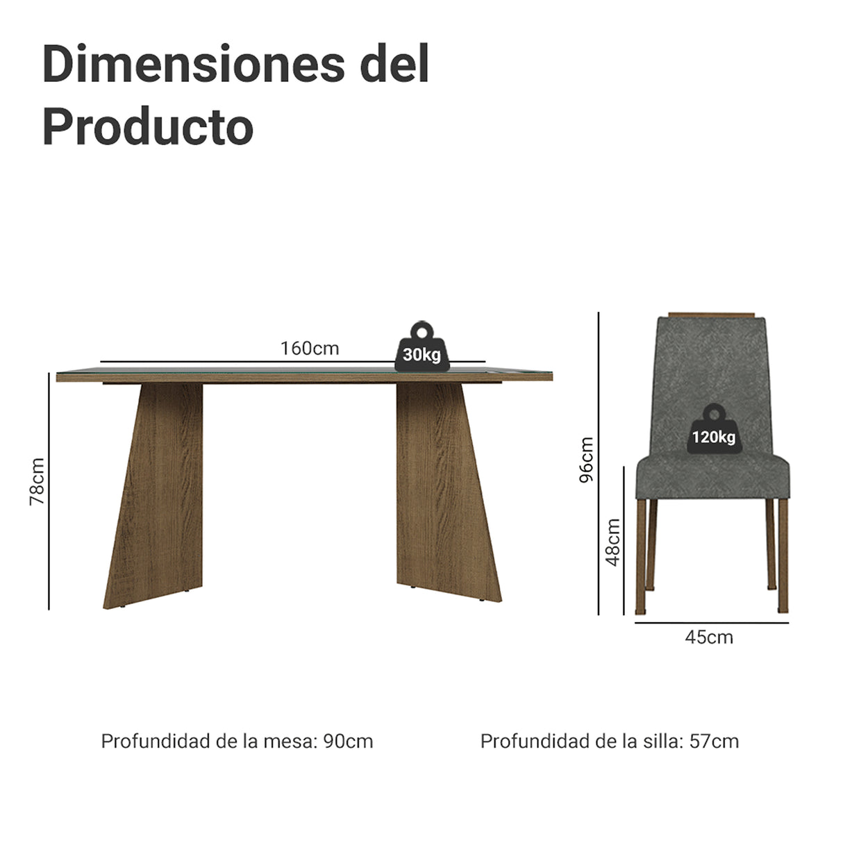Juego de comedor Madrid Marrón y Gris 160x78cm Rectangular de Seis Puestos con Seis Sillas - COMEDORES | Bylmo